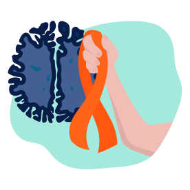 Illustration d’une main qui tient un ruban orange devant la représentation d’un cerveau